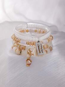 4pcs/Set Bohemian Elegant Sparkling Tassel Beaded Elastic Bracelet Set, Suitable For Women's Daily Wear, Birthday Party, Vacation, Gift