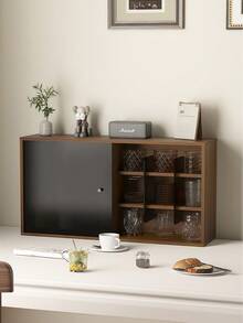 Estante vintage de madera para exhibir tazas - Organizador multi-nivel a prueba de polvo para tazas, con soporte de pared y de escritorio, armario con puerta corrediza, estación de almacenamiento de té y café de cocina.