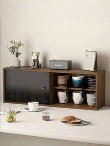 Estante vintage de madera para exhibir tazas - Organizador multi-nivel a prueba de polvo para tazas, con soporte de pared y de escritorio, armario con puerta corrediza, estación de almacenamiento de té y café de cocina.