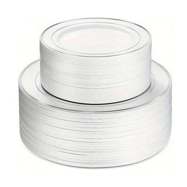2/10/20/30/40/50pcs/Pack White Rimmed Plates, Salad Plates, Reusable And Suitable For Home, Outdoor, Wedding, Party, Summer Dining Events,School Supplies