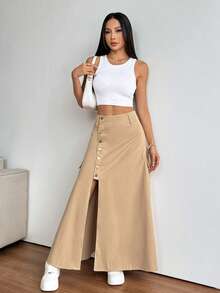 Plus Size Women Casual Solid Color Split Hem Utility Skirt - Khaki - View 3