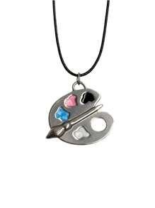1pc Color Palette Hollow Pendant Necklace, Unisex Stainless Steel Leather Cord Fashion Punk Jewelry For Daily & Party Outfit