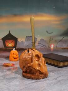 1 Stück Holzfarbener Schädel Deko Besteckhalter, Halloween Heim Dekoration Figur, Halloween Party Szene Dekoration