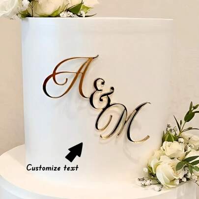 1Pc Custom Wedding Initial Fancy Cake Charm, Wedding Cake Initials, Couples Initials Cake Name Plate, Personalized Mirror Gold Acrylic Cake Topper, Wedding Cake Topper, Engagement, Anniversary,Brunch-Ready