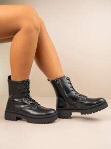 Faux Leather Chunky Sole Lace-Up Combat Boots - Black - View 5