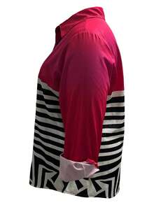 Plus Size Casual Everyday Contrast Stripe Button Front Long Sleeve Shirt - Hot Pink - View 3