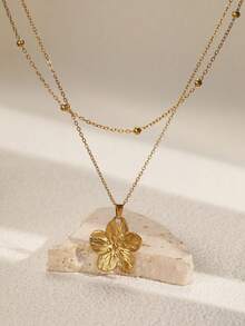 1 件简约欧美风格不锈钢珠链配花卉吊坠项链，男女通用 - 項鍊 - 查看 7