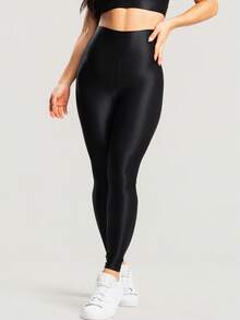 Women's Ribbed High Waist Shiny Premium Workout Fitness Leggings - màu đen - Xem 3