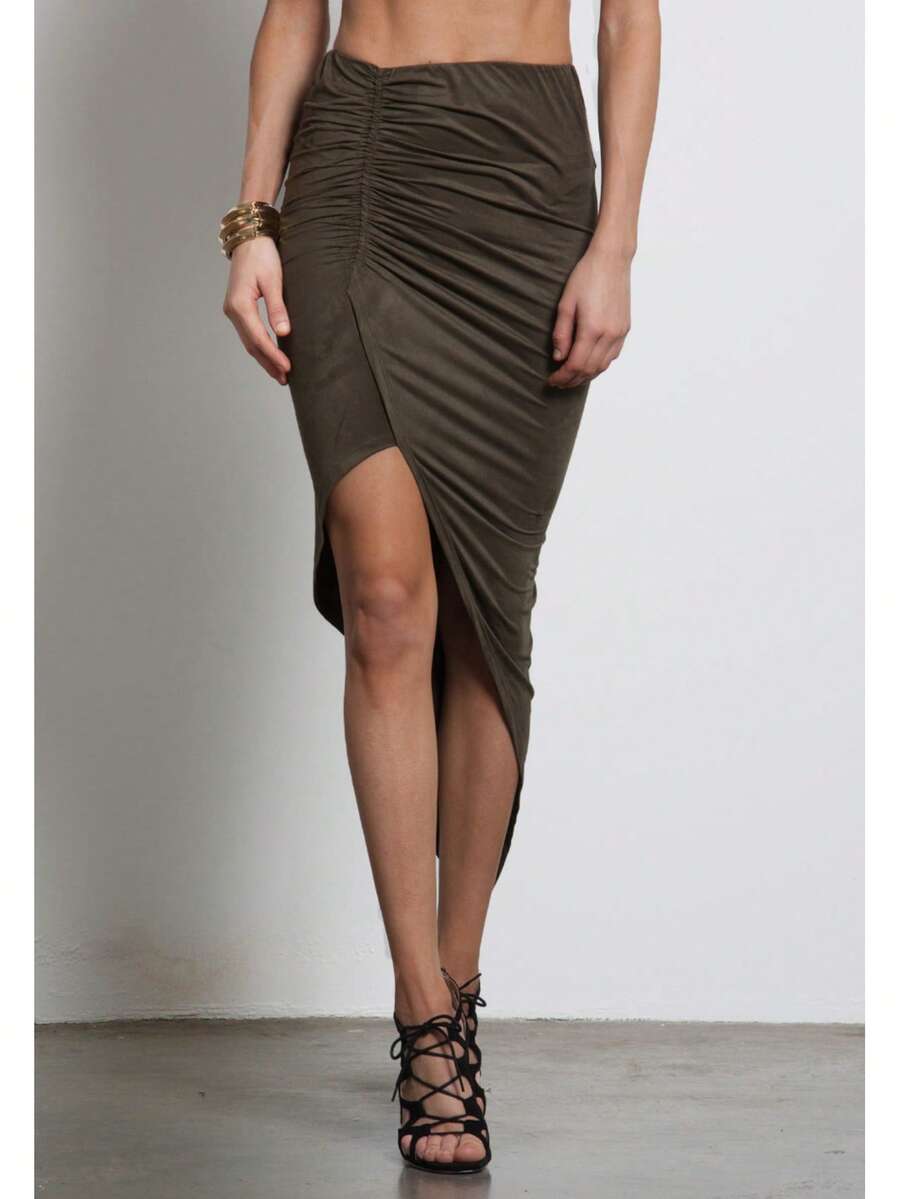 SANS SOUCI MICRO SUEDE ASSYM SKIRT Plain Sexy Elegant Casual Suedette Asymmetrical SKIRT Night Out Birthday Party Daily Street FALL WINTER - Màu xanh Ô liu - Xem 1
