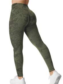 YEOREO Leggings sin costuras con camuflaje para mujeres que realzan el trasero, de cintura alta, para gimnasio y yoga - Verde Oliva - Ver 5