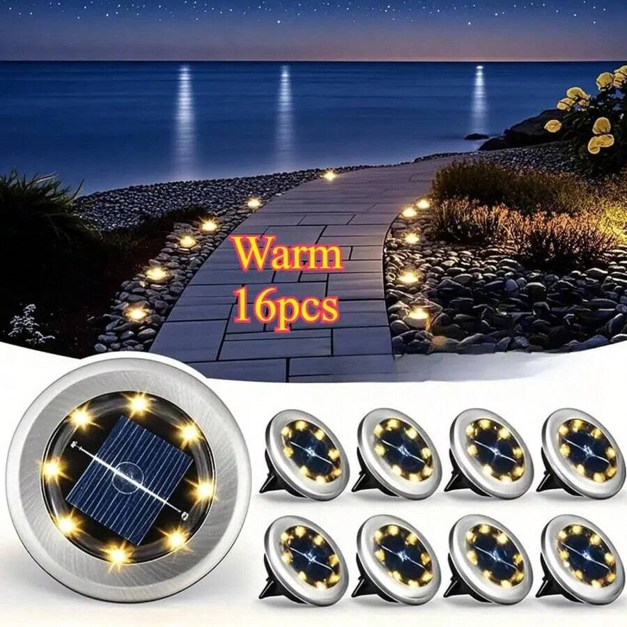 16 Pieces Mini Solar Outdoor In-Ground Lights, ,400mah,White/Warm Light Outdoor Stainless Steel In-Ground Solar Lights, Outdoor Solar Street Lights, Decorating Courtyards, Gardens, Roads, Sidewalks, Driveways - Warm Light - 查看 1