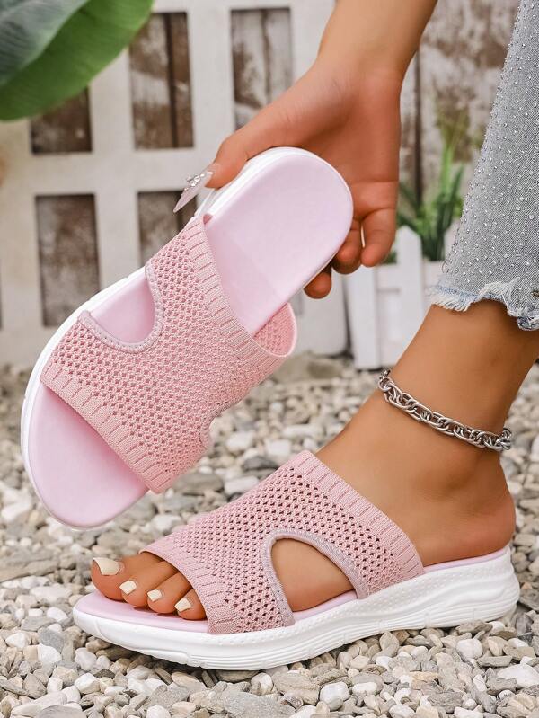 1 paire de sandales de plage à plateforme avec patchwork en maille, talon compensé pour l'été