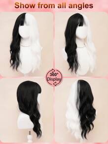 XYUNMI Cosplay Black And White Long Curly Wave Wig 26 Inch With Bangs Easy To Comb And Care Fashion Long Wig Lightweight Breathable Synthetic Heat Resistant Fiber Wig For Women Daily Wear Date Party Cosplay Halloween Lolita Long Curly Wig For All Races