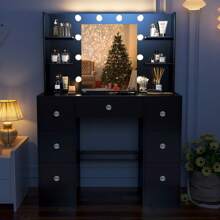 Dressing Table Makeup Vanity Desk Set With Dresser Mirror 3 Color Lights - Large Dressing Table Set & LED Makeup Mirror Drawers Vanity Desk For Bedroom