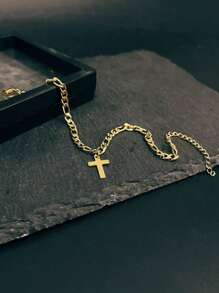 1pc Minimalist Hollow Cross Pendant Stainless Steel Chain Bracelet, Gift For Men Daily Wear