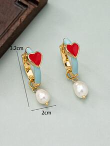 1 Pair Natural Baroque Freshwater Pearl Pendant Earrings, Enameled Bamboo Knot Earrings, Unique Design Party & Carnival Earrings For Women - Blue Red - View 5