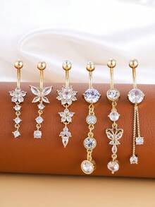 6pcs Medical Grade Stainless Steel Gold Butterfly Chain Belly Button Rings, Classic Pendant Piercing Jewelry Gift, Daily Wear - Yellow Gold - View 1