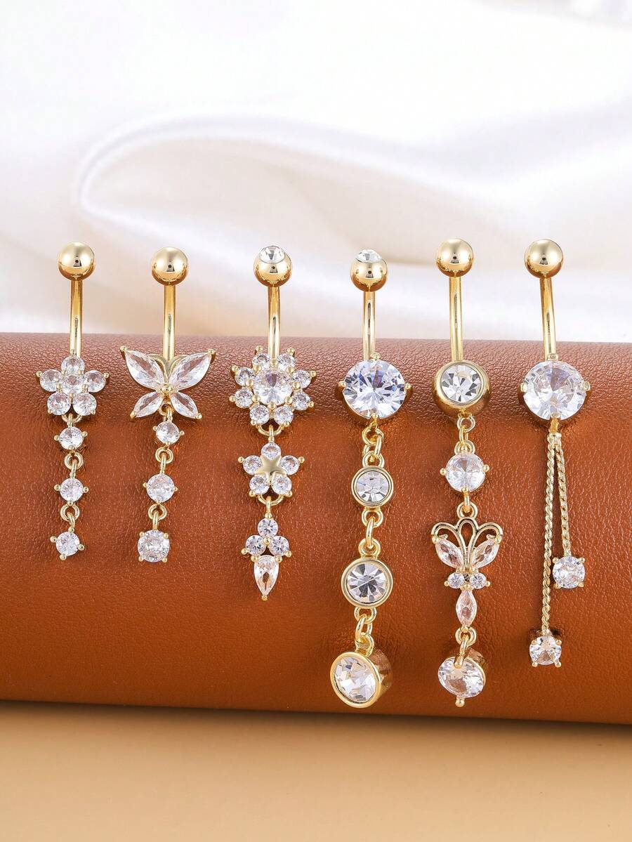 6pcs Medical Grade Stainless Steel Gold Butterfly Chain Belly Button Rings, Classic Pendant Piercing Jewelry Gift, Daily Wear - Yellow Gold - View 1