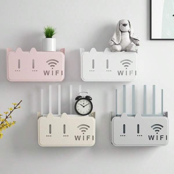 1pc Router Storage Box Fit Standard Router Size, With Adhesive Tape & Screws, Cute Wall-Mounted Router Storage Holder, Plastic Material, Adorable Cat Design With Hollow Cat Face & WiFi Icon, Won't Block Signal, For Daily Home Network Device Organization