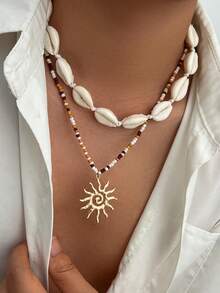 Joyería de estilo bohemio de verano, collar de cuentas de cáscara de coco, collar gargantilla de múltiples capas con colgante de lujo en forma de sol - Multicolor - Ver 5