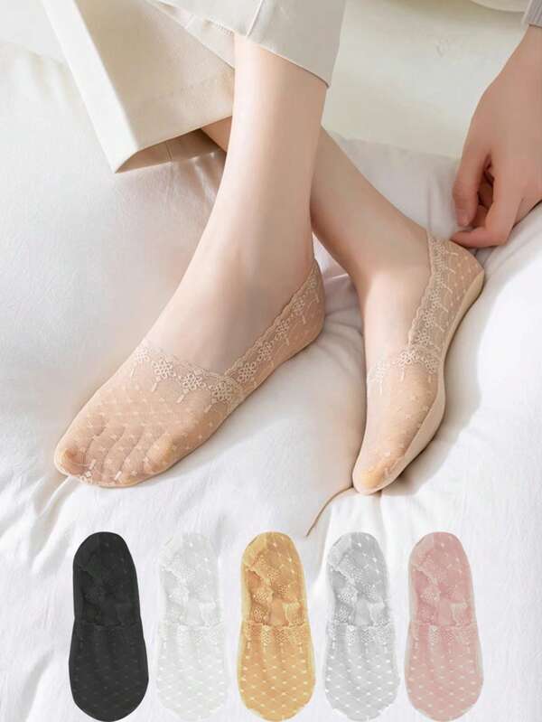 Calcetines para mujer de corte bajo invisible, antideslizantes y no extraíbles, de verano delgados con lunares y encaje, calcetines para zapatos