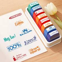 Spanische positive Aufmunterungsstempel, Set mit 12 Stück/8 Stück/5 Stück, Klassenraum-Bewertungsstempel für Einstellung und Fortschritt, Lehrerkadeau, spanisch Lernklassenzimmer Wesentliche mit Aufbewahrungsablage, Schulbedarf, Schulanfang