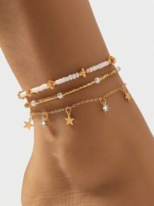Set da 3 cavigliere estive alla moda con perline a forma di stella marina e conchiglia, versatili per uso quotidiano, spiaggia, feste, regalo
