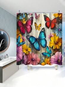4 Peças Conjunto de Banheiro com Estampa Floral Primaveril de Jardim - Inclui Cortina de Chuveiro Lavável com 12 Ganchos, Tapete Antiderrapante, Tapete de Vaso Sanitário em Formato de U, Tampa de Assento Sanitário e Decoração de Banheiro de Volta às Aulas