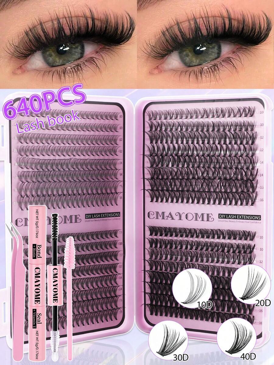 640 piezas Kit de extensión de pestañas DIY - Longitud mixta de 10-16 mm, incluye racimos de pestañas 10D, 20D, 30D, 40D, 50D, 60D, 80D, 100D para ojos de gato, cosplay, universidad, volumen ruso, natural, verano, looks dramáticos. El kit contiene pegamento, sellador y pinzas. Diseño portátil para el hogar y los viajes. Grosor de 0.07 mm, efecto esponjoso de curvatura D, fácil para principiantes.