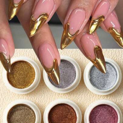 6 件装镀铬金银色指甲粉颜料镜面金属摩擦指甲彩绘闪光粉装饰