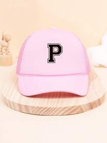 1Pc Children's 26 Letter Printed Baseball Cap, Cute Pink Sunshade Baseball Cap, Mesh Breathable Trucker Cap