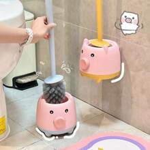 1 pieza Cepillo de baño con diseño tierno de lechón y pollito, juego de cepillos de limpieza montados en la pared con ángulos de limpieza, herramienta de limpieza de baño y retrete, cepillo de retrete de limpieza profunda mágica