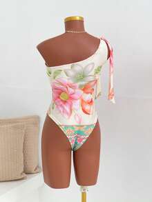 Women's Printed Macaw Bodysuit Summer  One-Shoulder Top With Single Strap - Green Summer Garden - View 2