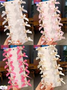 10pcs/Pack Girls' Cute & Delicate Versatile Mini Multi-Color Bowknot Pearl Decor Hair Clips