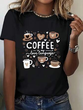 Camiseta suelta casual de mujer de unicolor, cuello redondo, manga corta, con estampado de café