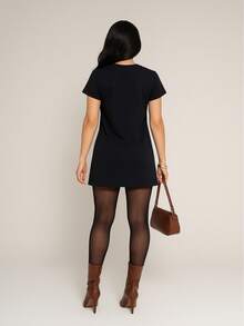 Short Oversized Dress Cotton Mesh Fabric Simple Casual Elegant Conservative/Modest Knitted Fabric Asymmetrical Split Beach Evening Party Home Birthday Party Street Travel Autumn - 黑色 - 查看 2