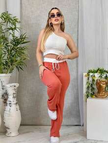 pantalon  Liso    Casual  Elegante    Nudo - Naranja Rojizo - Ver 2