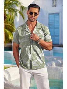 Mens Hawaiian Shirt Short Sleeve Floral Button Down Shirts Tropical Summer Beach Shirts Camp Collar Shirthalloween - 黑色-棕櫚葉 - 查看 8