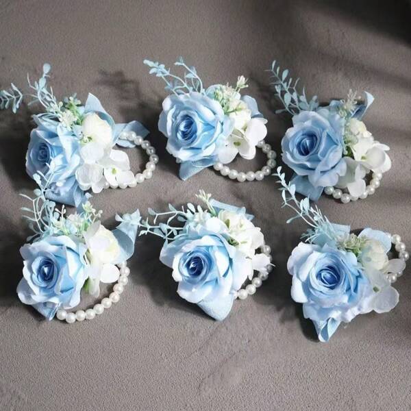 6pcs/Lot Artificial Rose Flowers Bride Wrist Corsage Bridesmaid Sister Women Hand Flower Wedding Flowers Party Decoration