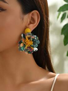 1 Pair Floral Tassel Earrings, Sweet Bohemian Style Ombre Raffia Flower Dangle Earrings For Beach, Fashion Elegant Earrings Suitable For Women Vacation And Daily Wear (Handmade Flower Center And Petal Shape Random)