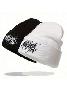 1pc/2pcs Casual Gothic Men's Scar Embroidered Knitted Brimless Face Enhancing Small Knitted Hat, Women's Fashionable Street Skiing Hat, Warm And Versatile Cold Hat, Loose Hat