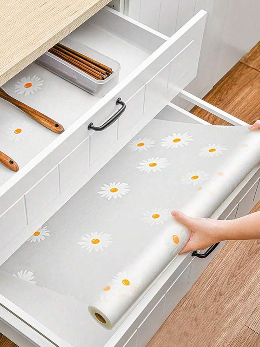 1 Roll Daisy Shelf Liner For Kitchen Cabinets, Non-Adhesive Drawer Liner, Non-Slip Refrigerator Liner, EVA Waterproof Fridge Pad Cupboard Mat Easy Placemats, Can Be Cut Freely(100*30cm), Desk Accessories, Kitchen Accessories, Drawer Liner, - Multicolor - View 1