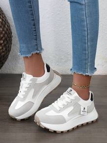 New Breathable Color-Blocking Dad Shoes 2025 Spring Sports Shoes High Top Thick Sole Height-Enhancing Outdoor Street Photography And Leisure - 白灰 - 查看 4