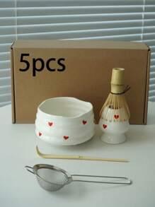 1pc/2pcs/4pcs/5pcs Hand-Painted Heart Matcha Tea Set, High-Quality Heart Shaped Matcha Bowl, Matcha Whisk, Tea Scoop, Full Set Of Cute Fresh Matcha Utensils, Suitable For Matcha Beginners, Gift For Matcha Lovers, Birthday Present Back To School