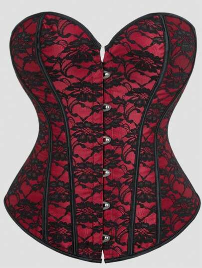 セクシーゴシックスタイル レッド&ブラックレースバストカップトップ、ハートネック前開きコルセットウエストスリミングボディスーツ、バレンタインデー、ハロウィン、パーティー、デートに適しています