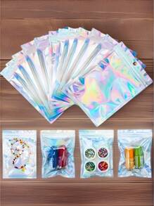 200 pezzi Buste riutilizzabili con chiusura ermetica olografiche, con motivo arcobaleno laser, adatte per buste caramelle per piccole imprese, buste campione con finestra frontale, buste richiudibili, buste per caramelle regalo per le feste