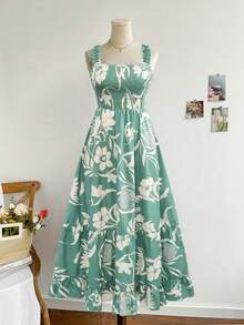 大码印花荷叶边系带A字连衣裙，夏季度假优雅款 - 彩色 - 查看 8