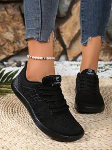 Zapatos de punto sin cordones de tela transpirable con decoración de rayas de unicolor, adecuado para deportes al aire libre para mujeres de talla grande