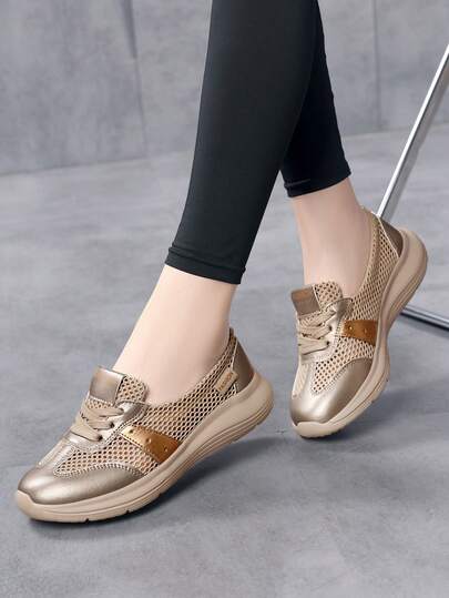 Women's Sneakers New Summer Shoes, Knitted Mesh Breathable Women's Shoes, Gold Sports Casual Shoes, Women's Commuting Daily Casual Low-Top Shoes, Cute Fashion Flat Skateboard Shoes, Outdoor Walking Shoes Lightweight Soft-Sole Running Shoes