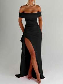 性感露肩开衩优雅修身连衣裙，超长款婚纱礼服，伴娘礼服，圣诞派对礼服，鸡尾酒会礼服，黑色春季款 - 黑色 - 查看 8